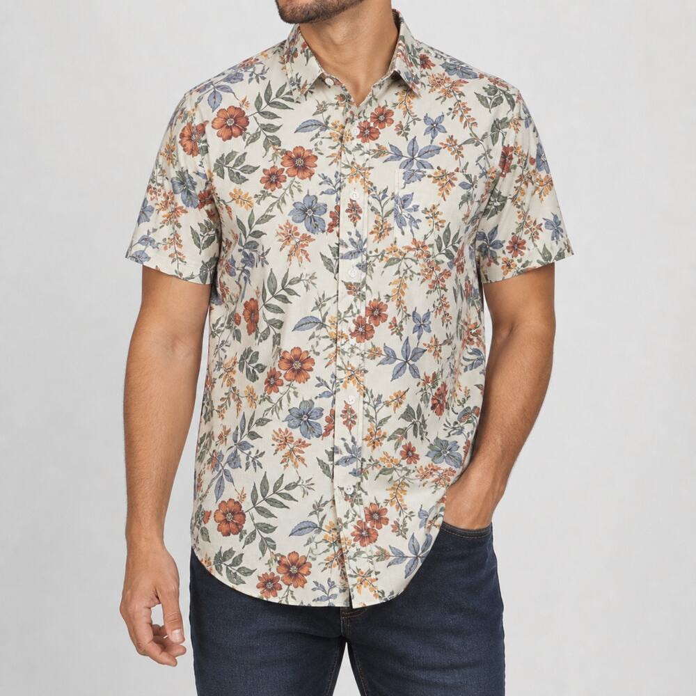 Jogal Shirt Mens Medium Red White Gray Floral Cotton Short Sleeve Button-Up